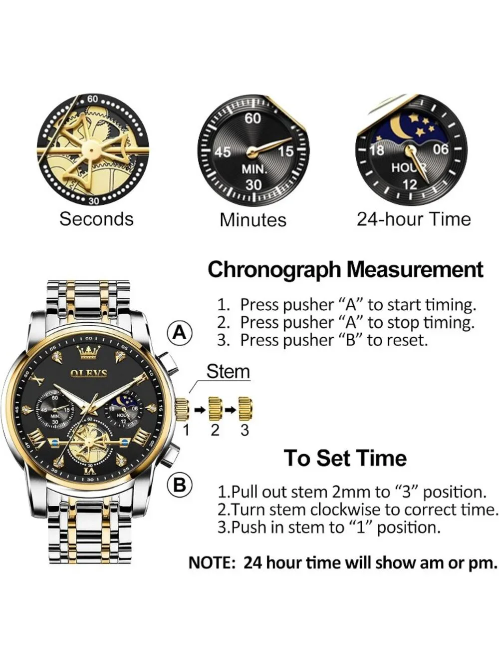 Men's Black/ Two Tone Stainless Steel Chronograph Waterproof Quartz Dress Watch